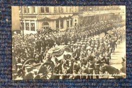 1910 franked postcard. Black and white featuring the funeral of King Edward VI blue jackets