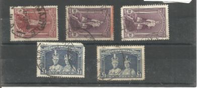 Australia used stamp collection on stockcard. 5 stamps included. Damage on 2 short perfs and