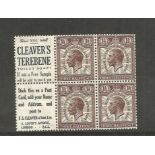 1929 UPU congress GB unmounted block of 4 SG436 1 1/2d brown attached tab. Cleavers Terebene -