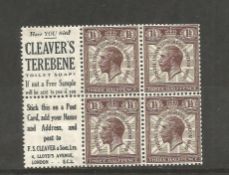 1929 UPU congress GB unmounted block of 4 SG436 1 1/2d brown attached tab. Cleavers Terebene -