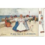 1908 franked Clevedon postcard. Raphael Tuck and sons on back. Front shows sketch by Thackery of 3