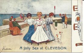 1908 franked Clevedon postcard. Raphael Tuck and sons on back. Front shows sketch by Thackery of 3