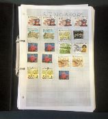 World stamp collection in ring binder. 50+ pages. Includes Singapore, Russia, Kenya, India, USA,