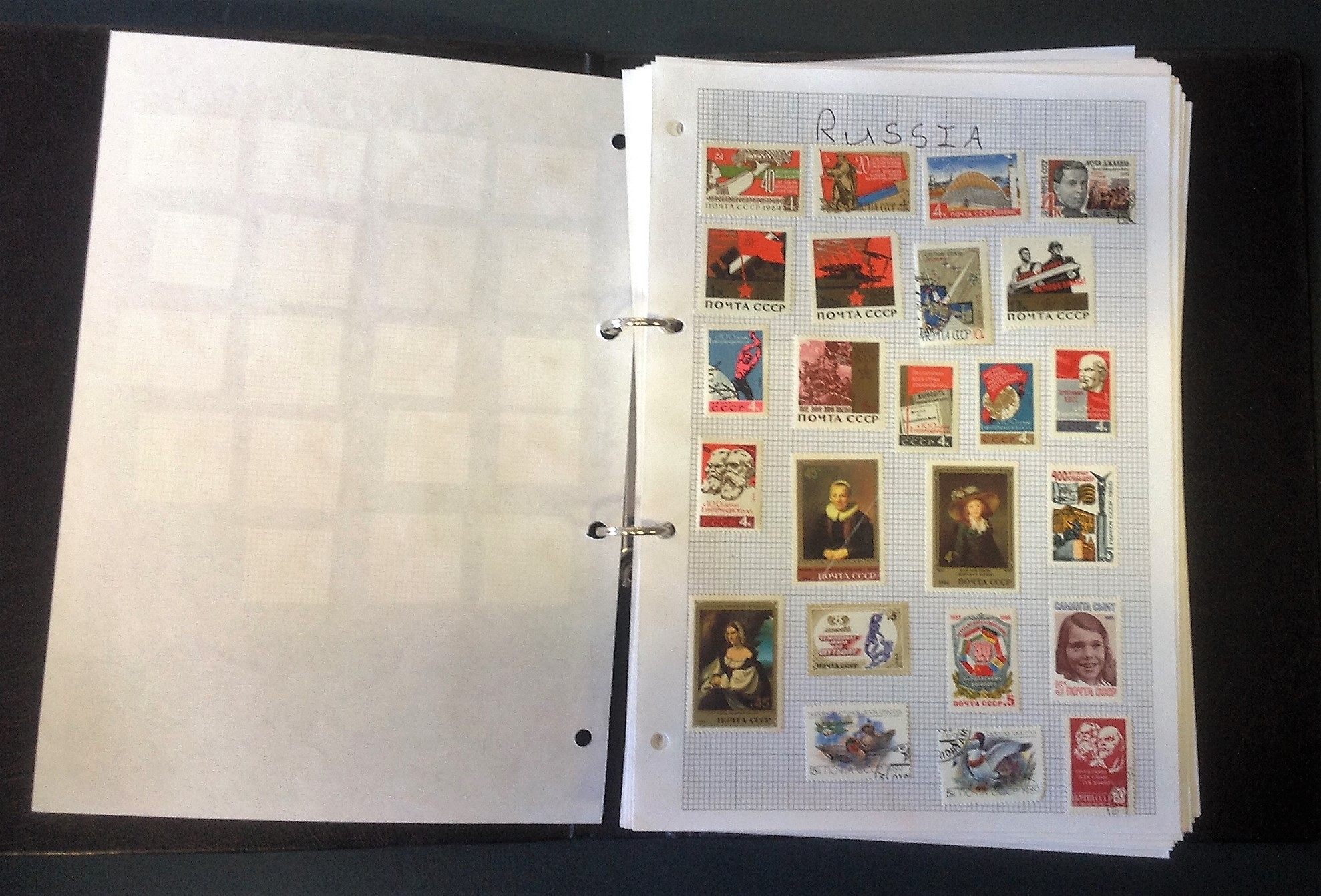 World stamp collection in ring binder. 50+ pages. Includes Singapore, Russia, Kenya, India, USA, - Image 2 of 8