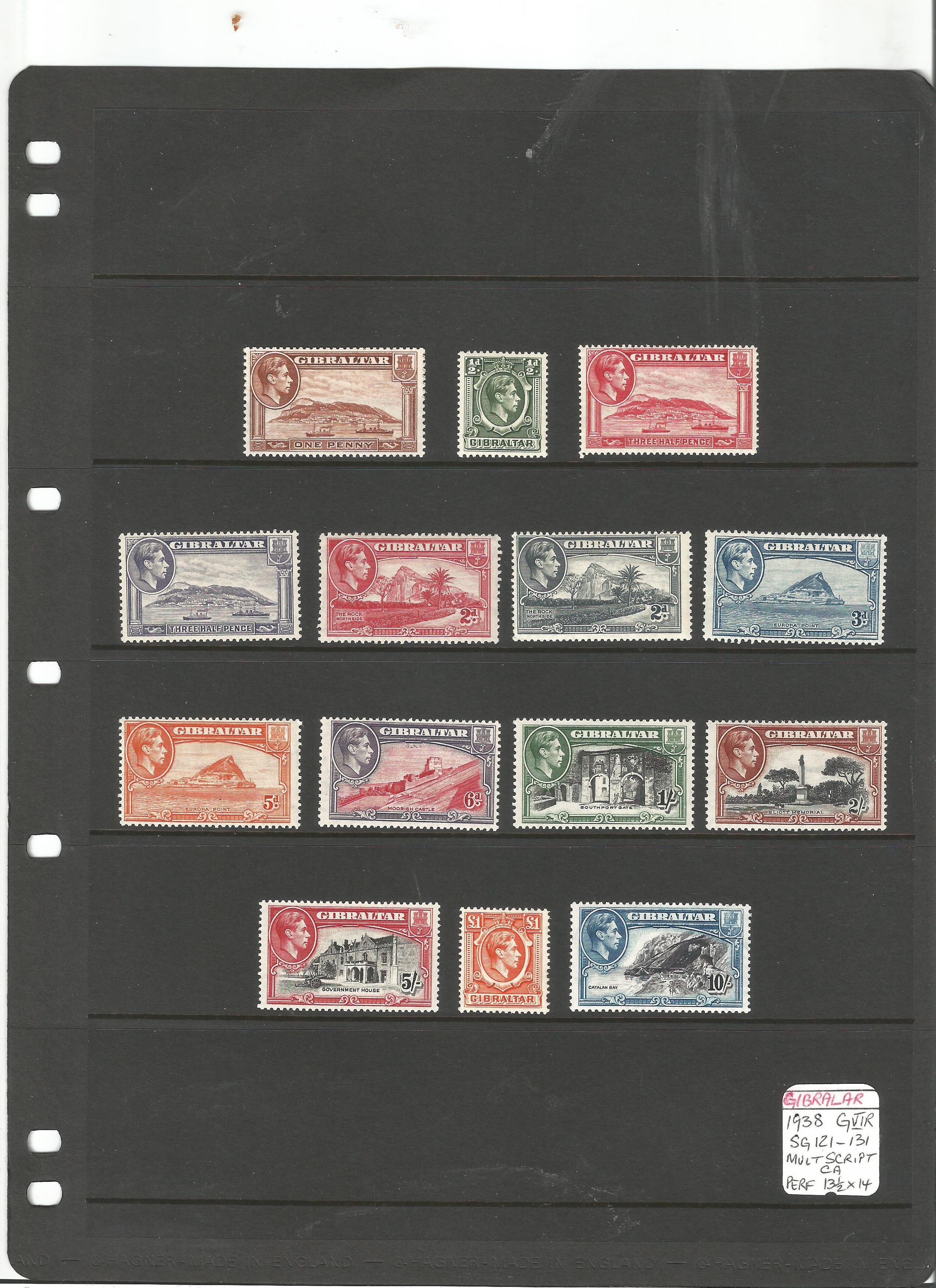Gibraltar mint stamp collection on album page. 28 stamps. 1938 GVI SG121/131, 1889 VR SG22/33. Cat - Image 2 of 2