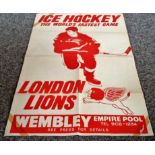 Old poster in red and white "Ice Hockey - the world's fastest game" "London lions" "Wembley empire