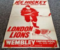 Old poster in red and white "Ice Hockey - the world's fastest game" "London lions" "Wembley empire