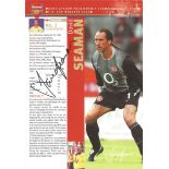 Football David Seaman signed 8x6 signed Arsenal promo card. David Andrew Seaman, MBE (born 19