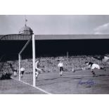 Lawrie Reilly 1949, Football Autographed 16 X 12 Photo, A Superb Image Depicting Reilly Heading