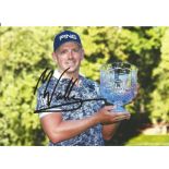 Golf Matt Wallace signed 12x8 colour photo pictured with the Masters Par3 trophy. Good Condition.