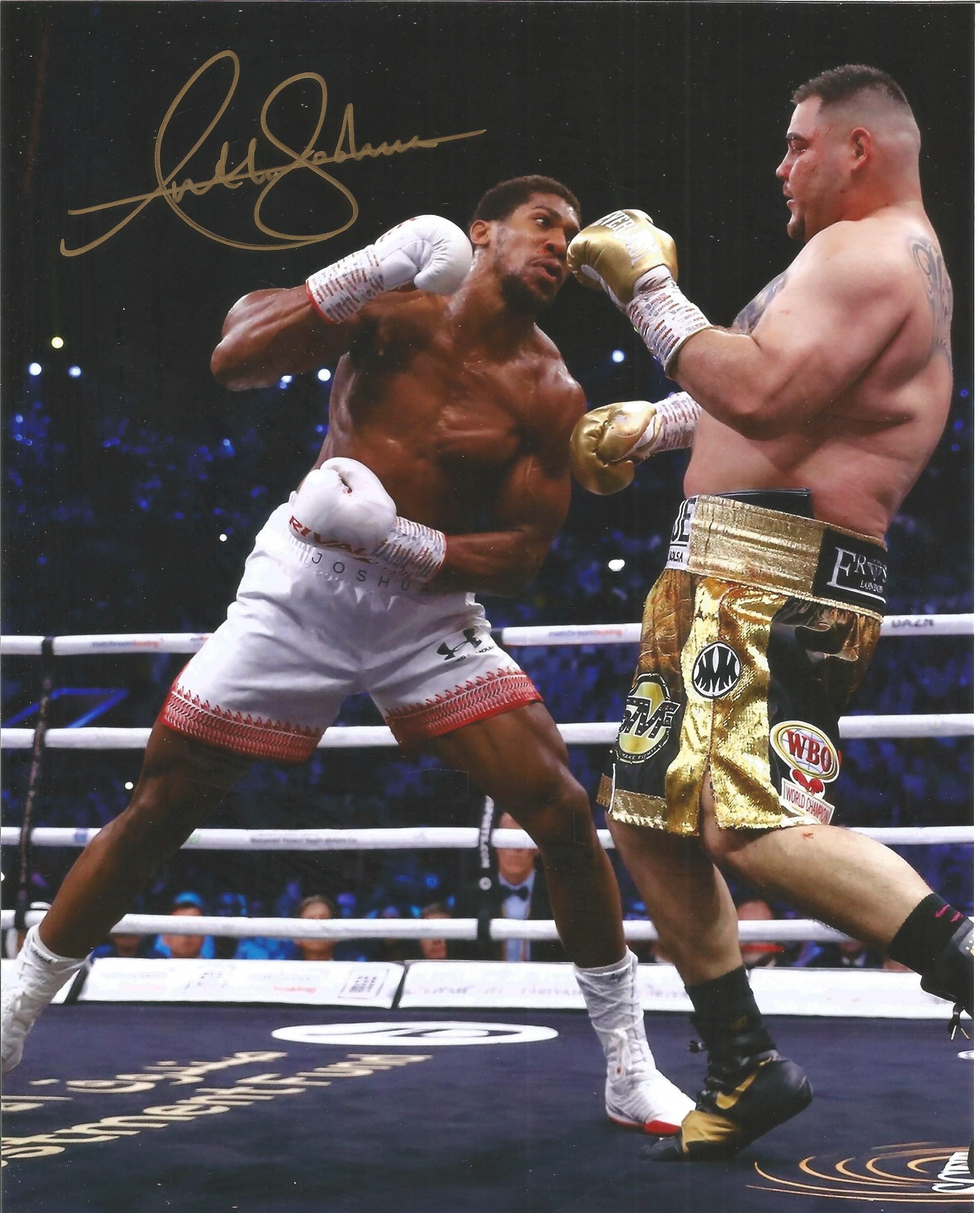 Boxing Anthony Joshua signed 10x8 colour photo pictured in world title action against Andy Ruiz Jnr.