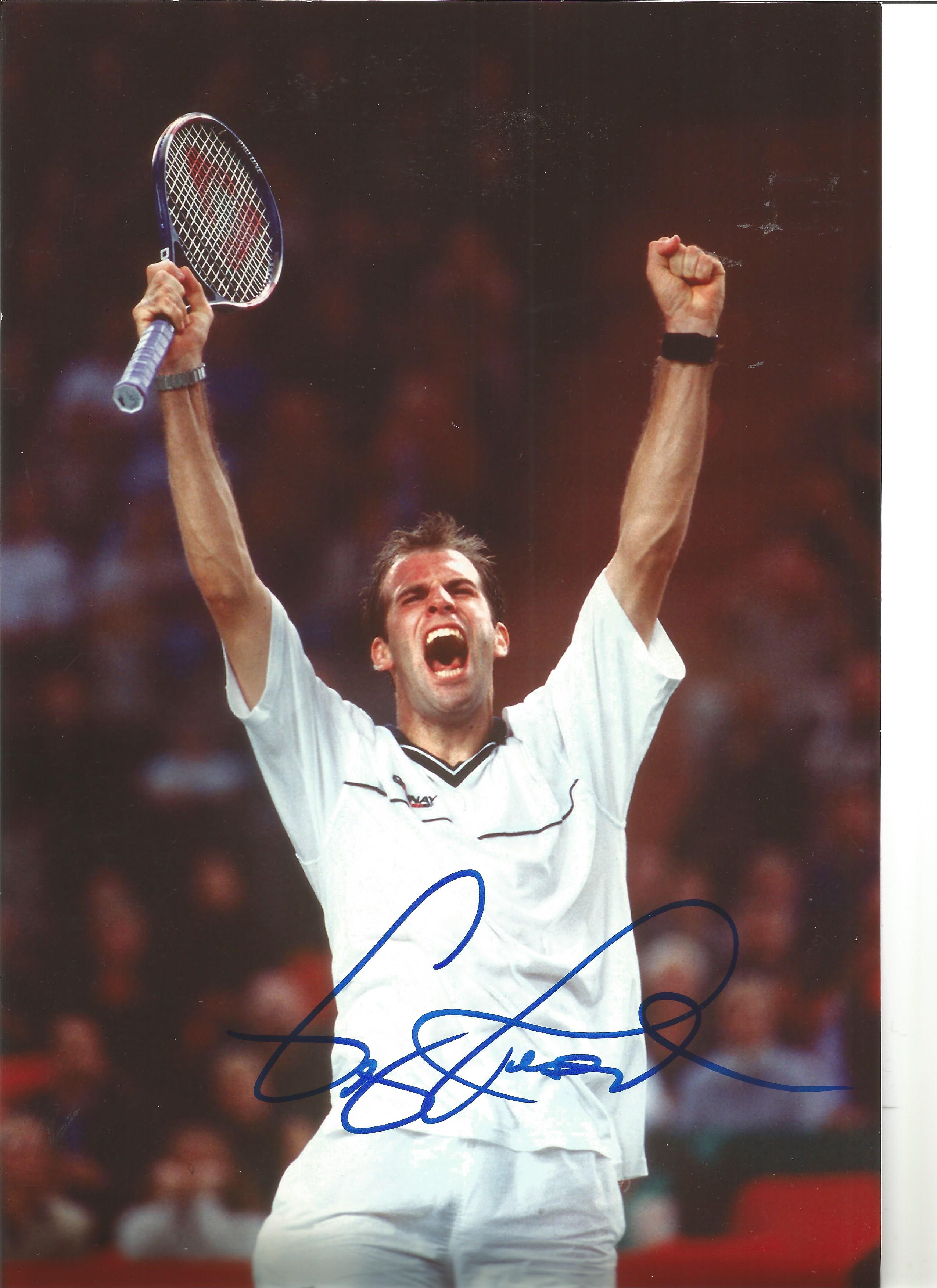 Tennis Greg Rusedski Signed 12 x 8 inch tennis photo. Good Condition. All autographed items are