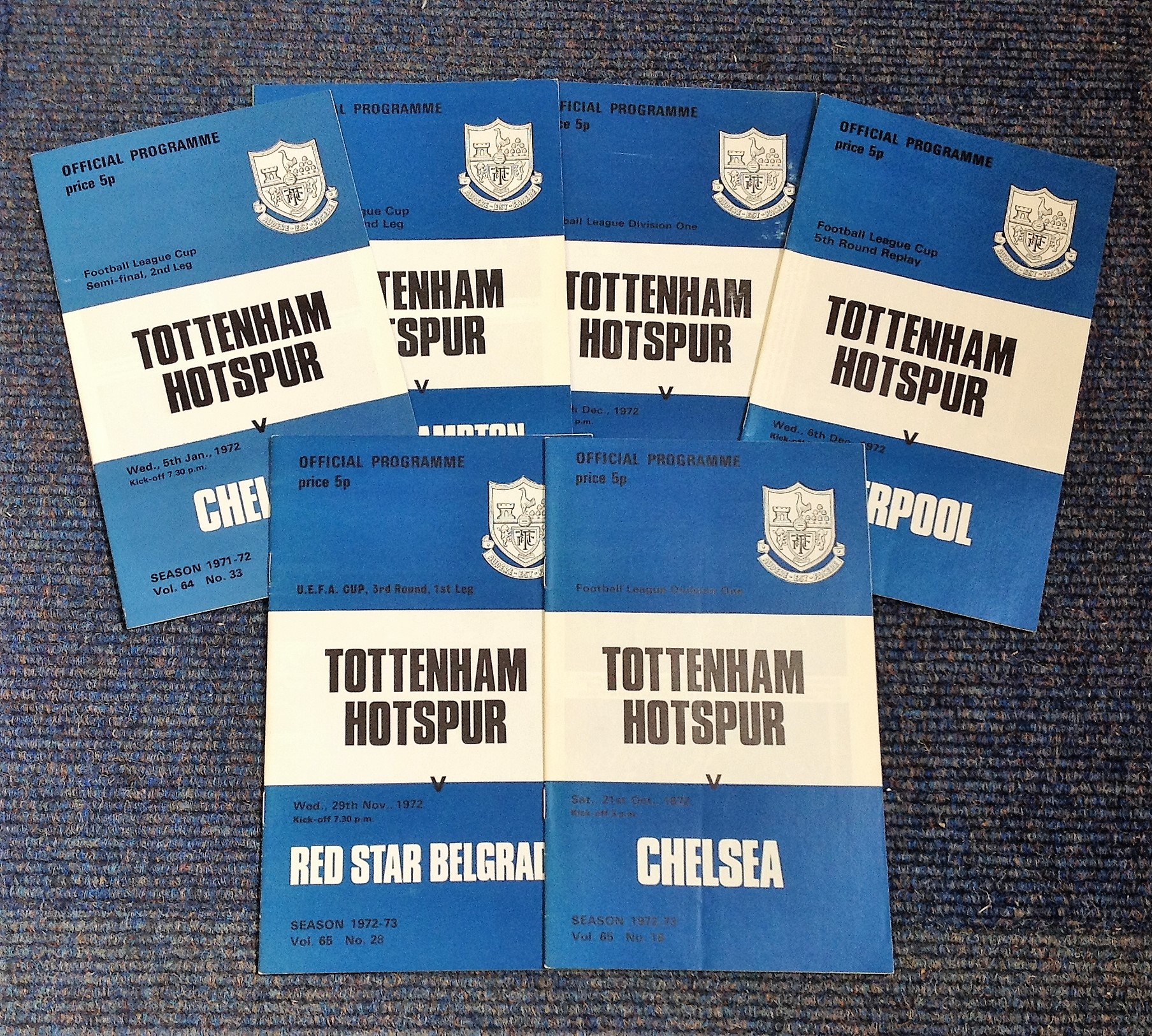 Football Tottenham Hotspur collection 6 vintage programmes from the 1972 season includes North