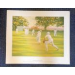 Cricket print approx 22x18 titled Boundary by the artist Johnny Jonas picturing typical scene from a