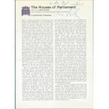 Chris Patten signed Houses of Parliament visitors programme. Signed on first page in blue ink.