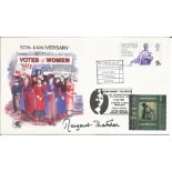 Margaret Thatcher signed 50th anniversary of votes for women FDC. Good Condition. All autographed