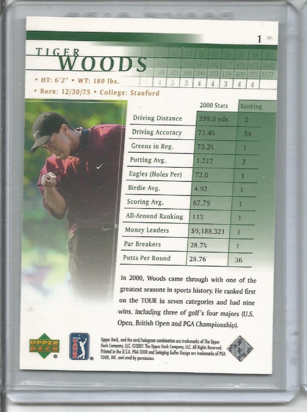 Tiger Woods rare golf trading card mint condition 2001 Upper Deck Golf Tiger Woods Rookie Card - Image 2 of 2