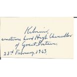 Lord Kilmuir 1900 - 1967 politician signed 3 x 2 inch card. Good Condition. All autographed items