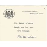 Prime Minister Harold Wilson signed Downing Street card. Good Condition. All autographed items are