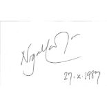 Nige Lawson politician signed 3 x 2 inch cream card. Good Condition. All autographed items are