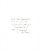 Roger Bannister hand written note on white card. Good Condition. All autographed items are genuine