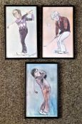 Famous golfers collection of three prints of chalk & pencil character drawings of famous golfers Inc