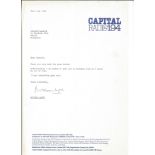 Michael Aspel TLS dated 31st July 1980 on Capitol Radio headed paper replying to invitation to a