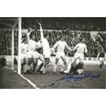 Garry Sprake Leeds Utd football signed 10 x 8 inch b w action photo making another save. Good