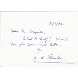 Air Commodore H A Fenton signed 5x4 inch hand written note dated 26 07 1984. Good Condition. All