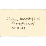 Lord Passfield 1948 - 1957 politician signed 3 x 2 inch card. Good Condition. All autographed