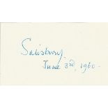 Lord Salisbury 1893 - 1972 politician signed 3 x 2 inch card. Good Condition. All autographed