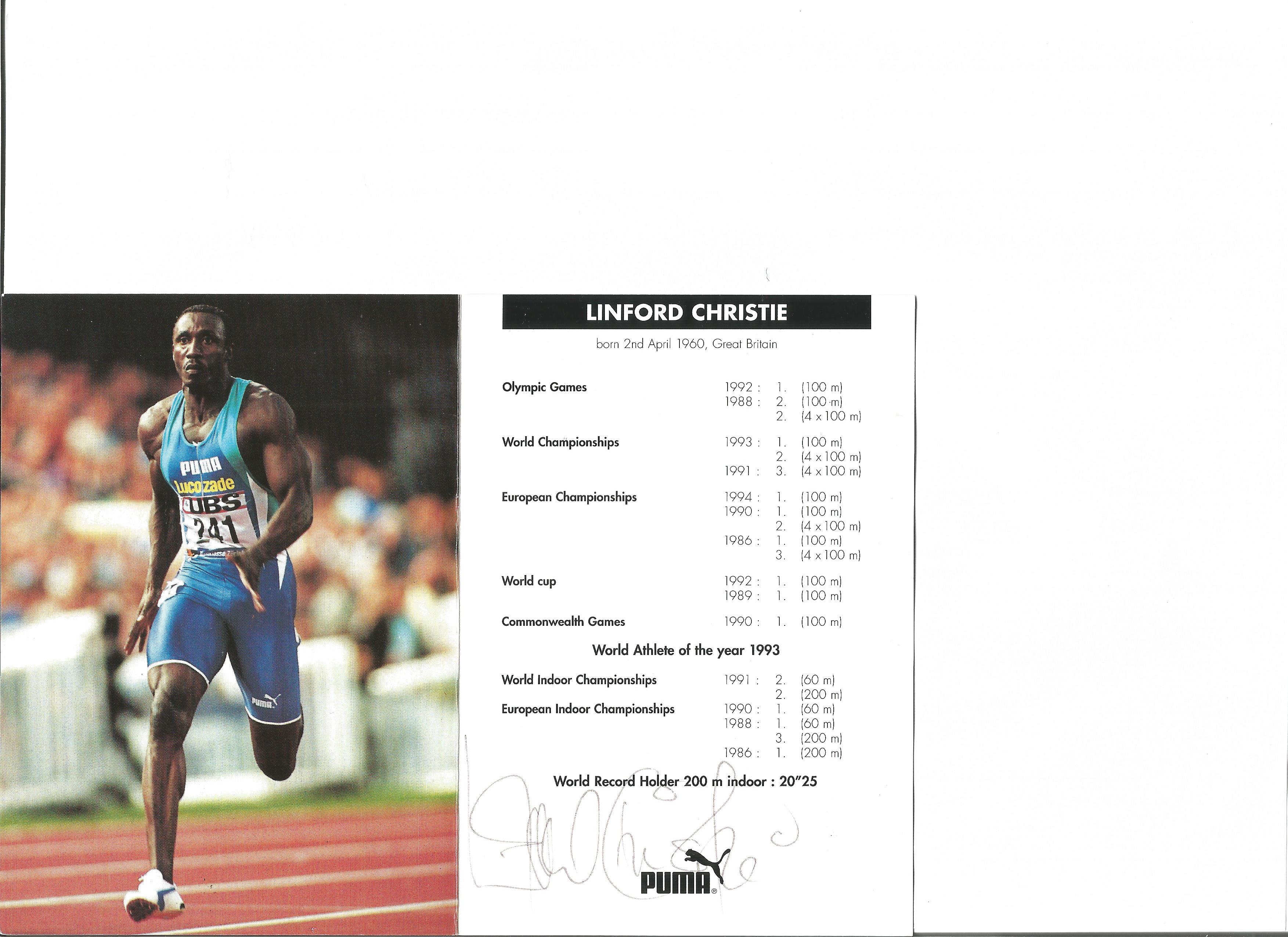 Linford Christie signed Puma 8 x 6 colour promo card. Good Condition. All autographed items are
