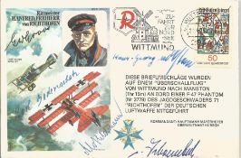 Great War Luftwaffe aces multiple signed cover. Magnificent Richthofen cover with colour cachet
