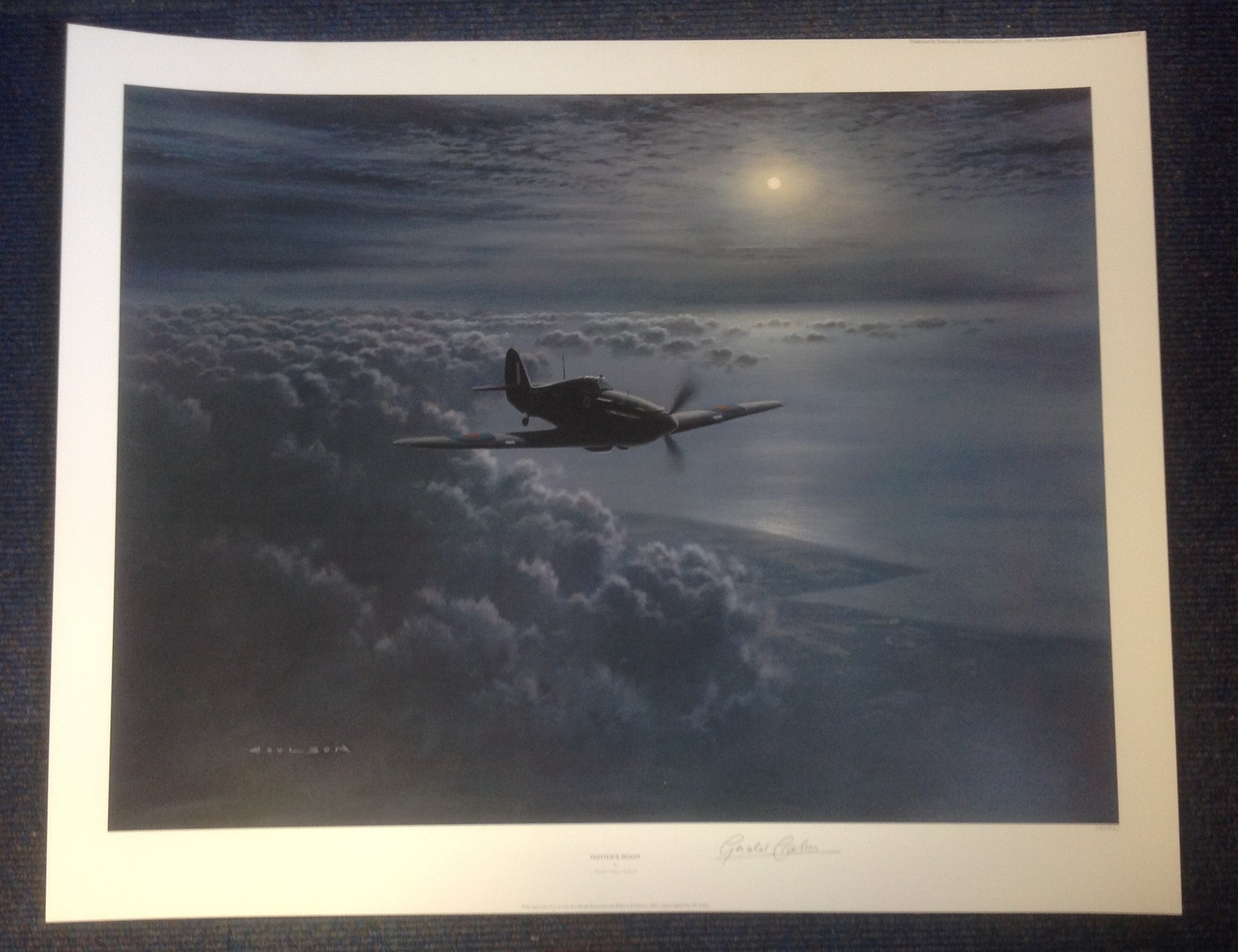 Battle of Britain print 24x29 titled Hunters Moon signed in pencil by the artist Gerald Coulson.