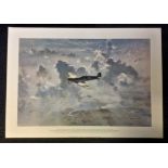 Battle of Britain print titled Lone Spitfire by the artist Gerald Coulson picturing the iconic plane