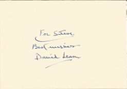 David Lean signed card with 10x8 black and white unsigned photo. Director of Lawrence of Arabia.