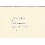 David Lean signed card with 10x8 black and white unsigned photo. Director of Lawrence of Arabia.