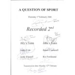 2001 Question of sport guest sheet. Signed by Sue Barker, Ally McCoist, John Parrott, Andrew