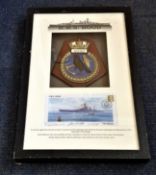 Ted Briggs, David Mearns and Simon Atack signed HMS Hood cover, mounted below HMS Hood shield.