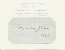 Augustus John signature piece dated 1933. Portrait painter. Good Condition. All autographs are