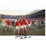 Bobby Charlton signed 8x6 colour photo pictured celebrating after Englands win in the 1966 World Cup