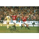 GORDON HILL 1977, football autographed 12 x 8 photo, a superb image depicting Man United's Gordon