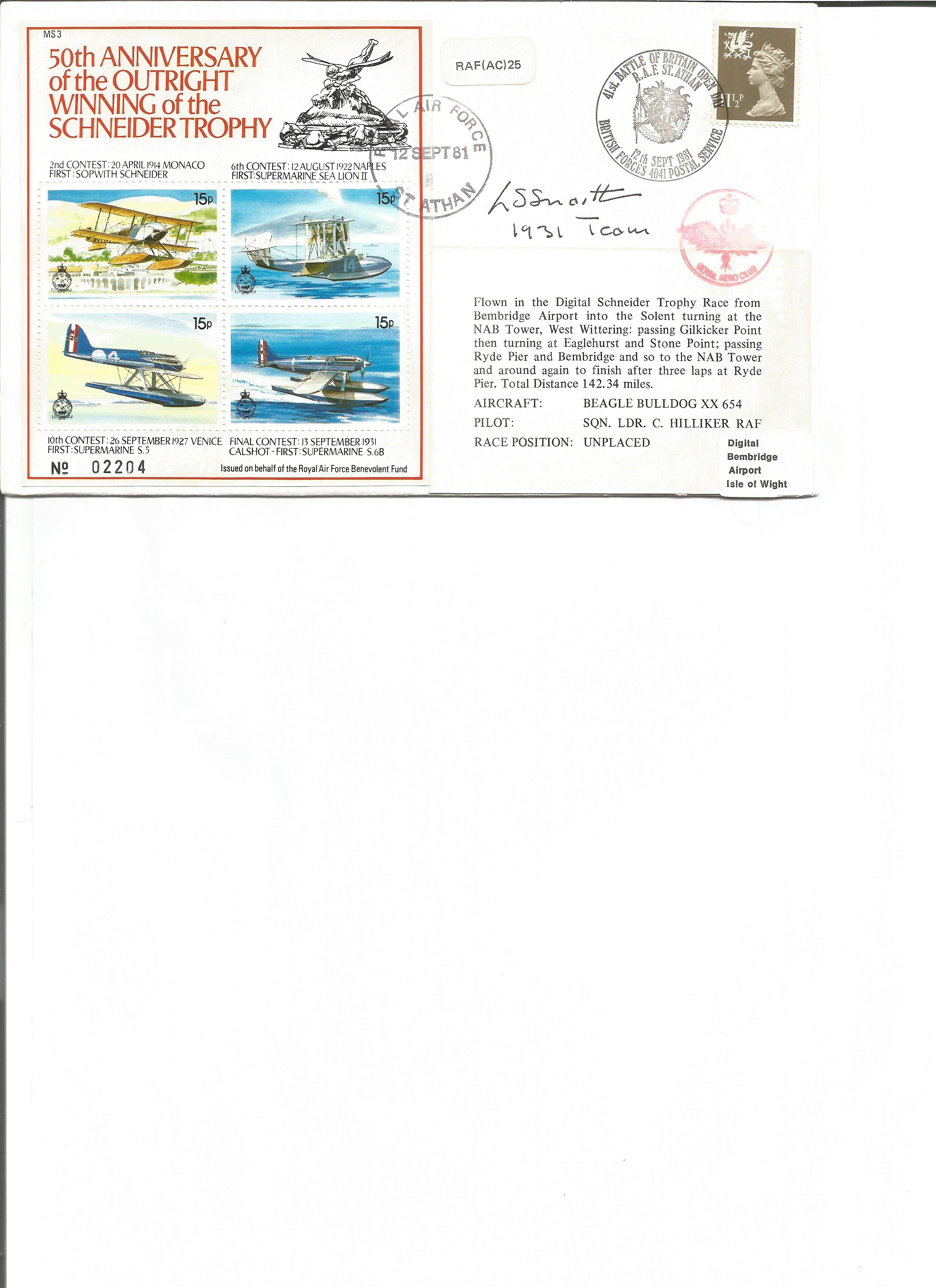 L S Snaith pilot 1931 Schneider Trophy signed 1981, 50th ann Air Race cover. Good Condition. All