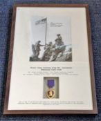 Charles Lindberg signed black and white photo of the first flag raising atop Mt Suribachi on 23/2/