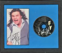 Meatloaf signed colour photo mounted alongside signed CD. Mounted and framed to approx size 12x10.
