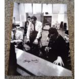 George Martin signed 16x12 black and white photo pictured in the recording studio with The