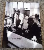 George Martin signed 16x12 black and white photo pictured in the recording studio with The