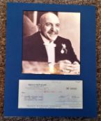 Telly Savalas mounted signature piece includes signed Bank of America cheque and Black and white