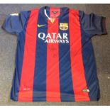 Football Barcelona multi signed home shirt 5 signatures includes Andrés Iniesta, Pedro, Xavi and two