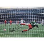 Football Ray Stewart signed 14x12 colour photo pictured scoring from the penalty spot for West Ham